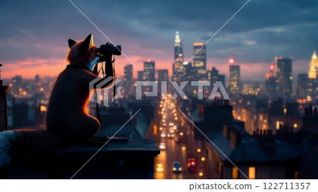 Curious fox observing cityscape at sunset with binoculars 122711357