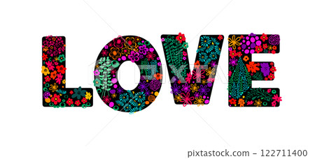 Text love from flowers, Happy Valentine's Day. hand drawing. Not AI, Vector illustration 122711400