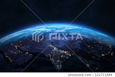 Nightly Earth planet. Space banner template. Asia. Nightly Earth planet. Space banner template. Asia. 122711484
