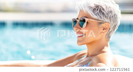Woman enjoying poolside summer day with sunglasses, smiling against vibrant water background 122711561