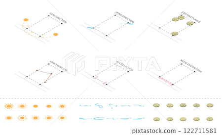 isometric architecture site analysis symbol icon element drawing graphic flat isolated vector. architecture element line sun wind sound sun path vegetation. 122711581