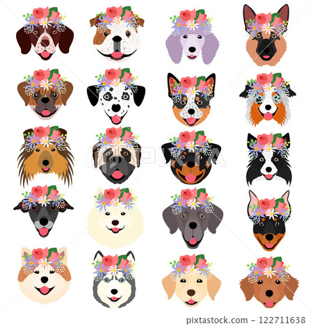 Set of cute dog faces with flower wreaths 122711638