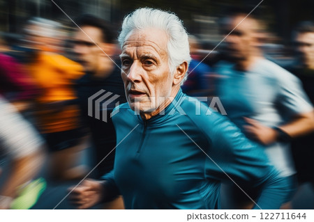 Elderly European man running with diverse athletes, silver hair and determined expression, dynamic motion blur highlighting energy and perseverance. 122711644