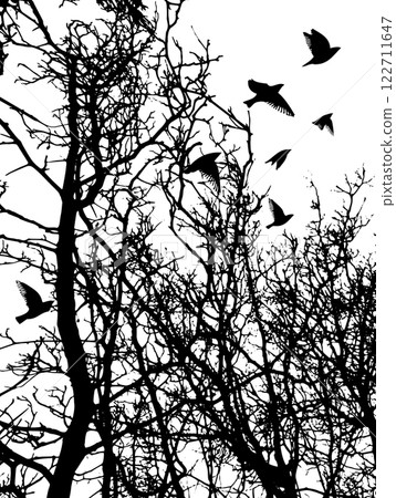 Tree silhouette and flying birds. hand drawing. Not AI Vector 122711647