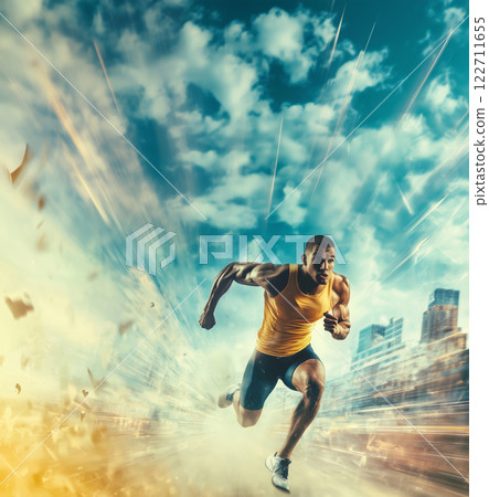 Dynamic athlete sprinting through urban landscape 122711655