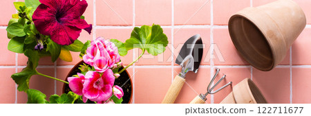 Flowers on pink tile background Flowers on pink tile background 122711677
