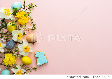 Spring flowers and Easter eggs and bunnies Spring flowers and Easter eggs and bunnies 122711696
