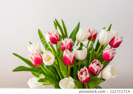 Beautiful spring bouquet of pink and white tulips in a glass vase 122711714