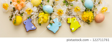Spring flowers and Easter eggs and bunnies Spring flowers and Easter eggs and bunnies 122711781