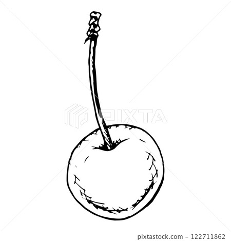 Elegant ink sketch of a single cherry with a stem, drawn in monochrome style. Perfect for recipe designs, food labels, packaging, and decorative elements for cards, prints, and creative projects Elegant ink sketch of a single cherry with a stem, drawn in monochrome style. Perfect for recipe designs, food labels, packaging, and decorative elements for cards, prints, and creative projects 122711862