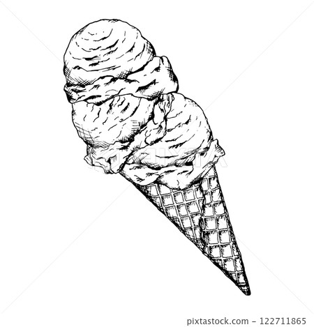 Monochrome ink illustration of an ice cream cone with a scoop of creamy ice cream on top. Perfect for summer-themed menus, confectionery, gelateria branding, bakery designs or food packaging 122711865