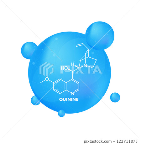 Quinine molecule structure with blue spherical background representing a medicine drop 122711873