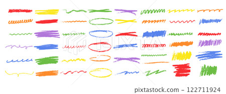 Vector colorful illustrations of markers, brushes and stylized pencil sketches. Chalk strokes, pencil swirls, ovals, circles and redraws . Hand drawn lines, stroke separators in various patterns. 122711924