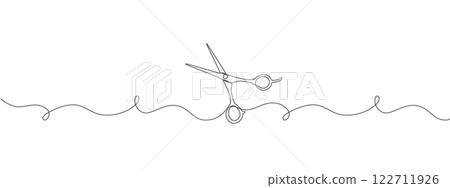 Minimalistic one line drawing of scissors for web banners or hair salon symbols. Editable stroke. Vector doodle illustration . Minimalistic one line drawing of scissors for web banners or hair salon symbols. Editable stroke. Vector doodle illustration . 122711926