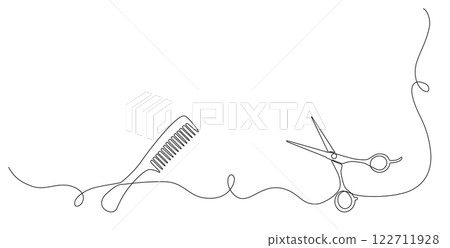 Minimalistic continuous drawing of scissors and comb in one line.  Barber shop or barbershop symbol. Editable stroke Vector illustration. 122711928