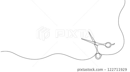 One continuous line drawing of hair scissors. Modern design for hair salon or barber shop symbol. Editable stroke. Vector Illustration. One continuous line drawing of hair scissors. Modern design for hair salon or barber shop symbol. Editable stroke. Vector Illustration. 122711929