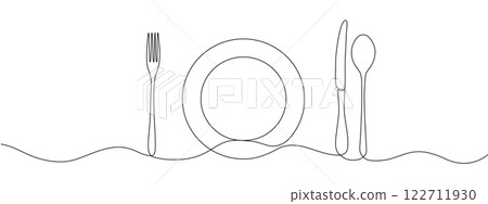 Fork, knife spoon with plate one continuous line . Single line editable cutlery pattern for business cards, banners. Symbol of cafe, restaurant. Vector illustration Fork, knife spoon with plate one continuous line . Single line editable cutlery pattern for business cards, banners. Symbol of cafe, restaurant. Vector illustration 122711930