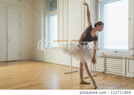 Young ballerina in tutu skirt dancing practicing ballet positions in dance class. Young classical dancer woman in dance studio. Ballet class training. Performer girl rehearsing dance in ballet school 122711969