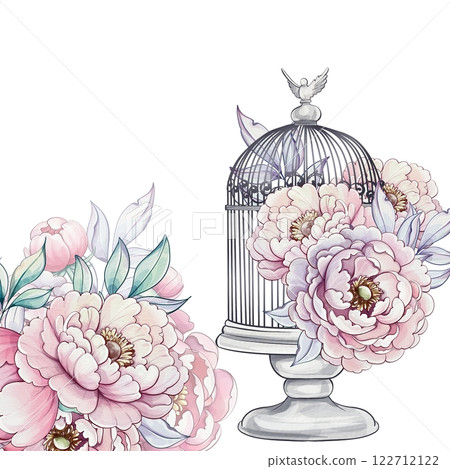 Soft pink flowers gracefully surround a vintage birdcage, while a delicate bird perches peacefully amidst tranquil colors template, background 122712122