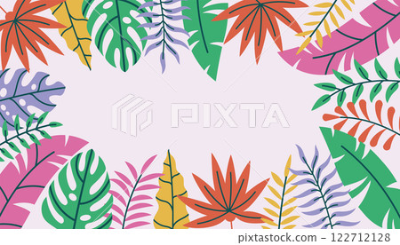 Tropical summer leaves and branches frame in flat style. Palm and Monstera leaf greeting card. Tropical summer leaves and branches frame in flat style. Palm and Monstera leaf greeting card. 122712128