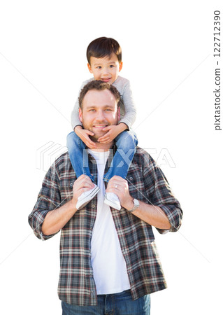 Happy Mixed Race Father and Son Riding Piggyback Isolated on a White Background. 122712390