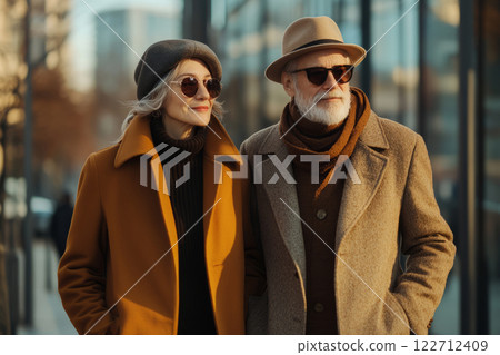 Stylish senior couple walking in city 122712409