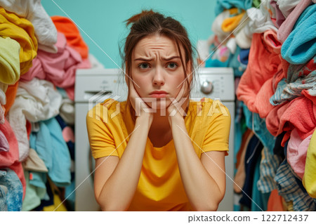 Stressed woman overwhelmed by laundry piles 122712437