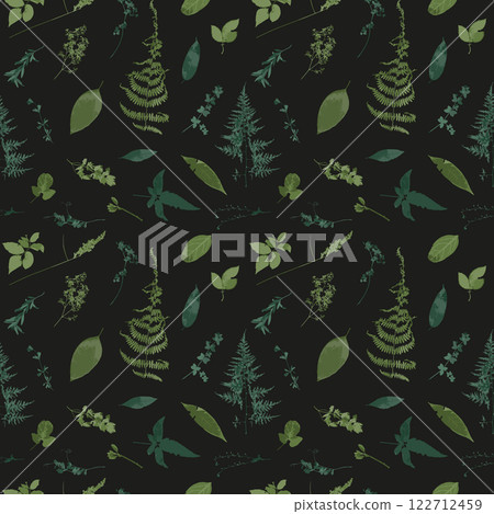 Seamless pattern with dried green leaves and flowers on black background 122712459