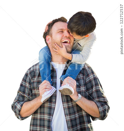 Happy Mixed Race Father and Son Riding Piggyback Isolated on a White Background. 122712537
