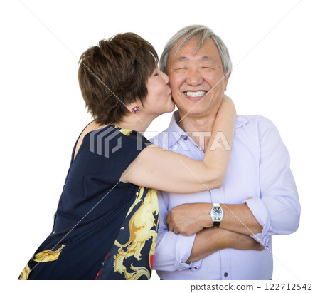 Affectionate Chinese Senior Couple Portrait Isolated on a White Background. 122712542