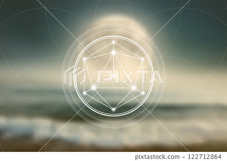 Sacred Geometry, Mystical Merkaba spiritual new age spiritual symbol with interlocking circles, triangles and glowing particles of blurry natural futuristic lunar landscape background, vector design 122712864