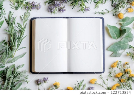 Concept with notebook and herbs, flowers on white background 122713854