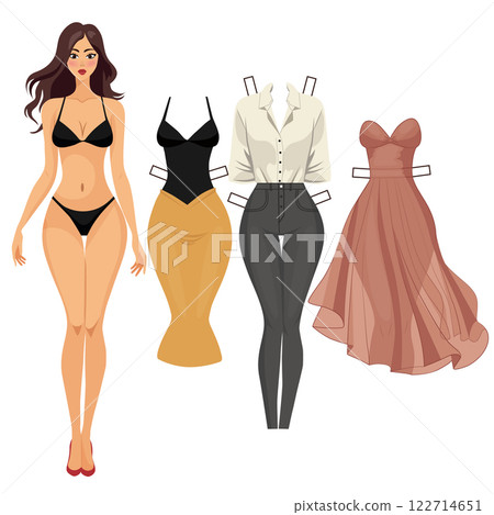 paper doll with cut out clothes. The set includes a doll, a festive dress, a skirt with a blouse, trousers with a shirt. vector illustration paper doll with cut out clothes. The set includes a doll, a festive dress, a skirt with a blouse, trousers with a shirt. vector illustration 122714651