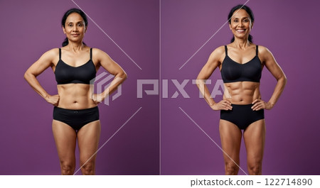 Transformation journey of a fit, mature indian woman in black activewear 122714890
