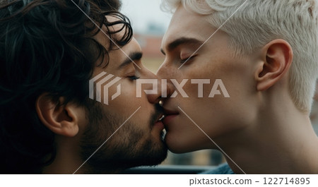 Romantic moment between young caucasian and hispanic adults celebrating love 122714895