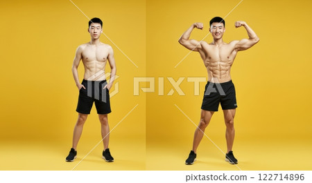 Asian male fitness transformation showcasing muscle growth on yellow background 122714896