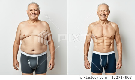 Transformation journey: mature caucasian man's fitness progress and confidence in underwear before and after 122714908