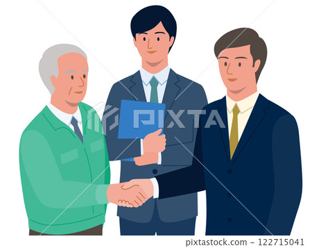 一位年長的經理將工廠轉讓給併購經紀人,一位來自買方公司的年輕人握手的向量插圖 一位年長的經理將工廠轉讓給併購經紀人,一位來自買方公司的年輕人握手的向量插圖 122715041