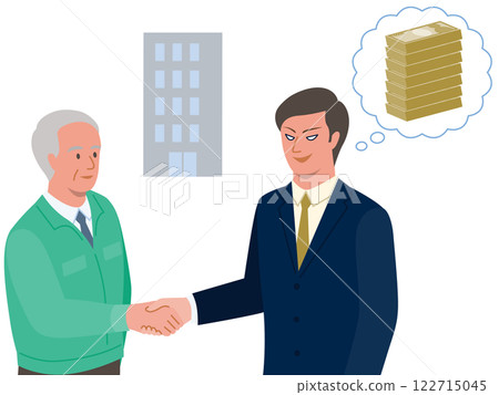 一位年長的經理透過併購轉讓公司,並與買方公司實施併購詐欺的年輕人握手的向量插圖 一位年長的經理透過併購轉讓公司,並與買方公司實施併購詐欺的年輕人握手的向量插圖 122715045