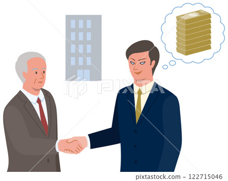 一位年長的經理透過併購轉讓公司，並與買方公司實施併購詐欺的年輕人握手的向量插圖 122715046