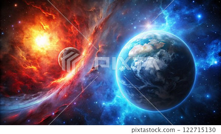 A planet with swirling blue clouds and a bright blue nebula in the background. A red nebula and a smaller planet with red clouds are in the 122715130