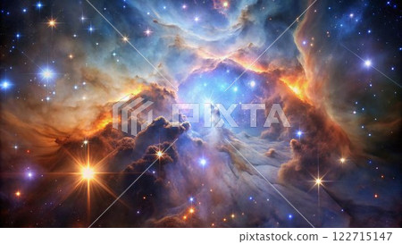 A cosmic scene with swirling clouds of gas and dust, illuminated by the bright light of numerous stars. 122715147