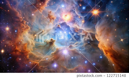 A cosmic landscape with bright stars scattered across a tapestry of swirling nebulae and gas clouds. 122715148