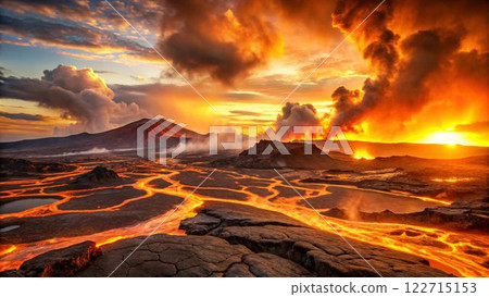 A breathtaking landscape showcasing a fiery sunset over a volcanic terrain, with glowing rivers of lava snaking through the dark landscape. 122715153