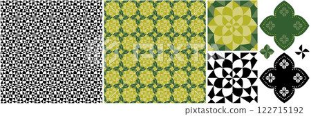 無縫圖案紋理與裝飾設計“植物圖像幾何圖案”綠色和單色 122715192