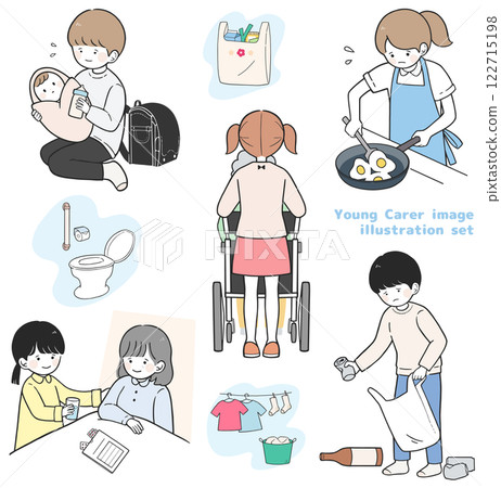 社會問題插圖集每天做家事和照顧家人的年輕護理人員 122715198