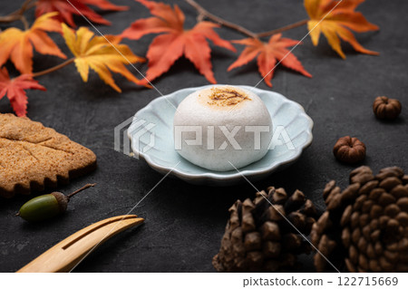 秋天的日本甜點和秋天的樹葉 122715669