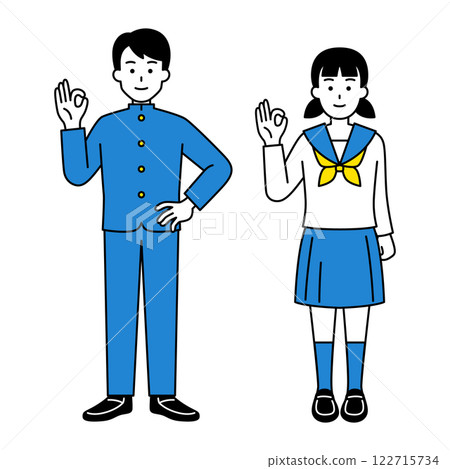 Male and female students making OK signs (full body) set 122715734