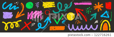 Brush line shape background abstract texture doodle set. Hand drawn sketch crayon scribble brush geometric shape color chalk effect background. Abstract arrow, circle, zigzag vector 122716261