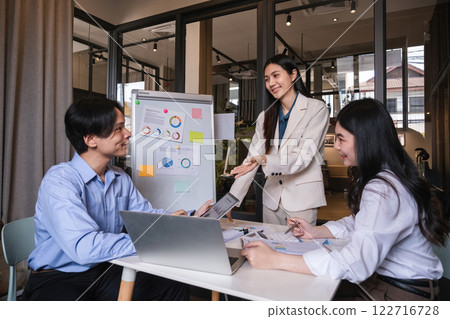 Business team meeting where the team leader is presenting a work plan graph. Discuss and summarize work results in the conference room. Business team meeting where the team leader is presenting a work plan graph. Discuss and summarize work results in the conference room. 122716728